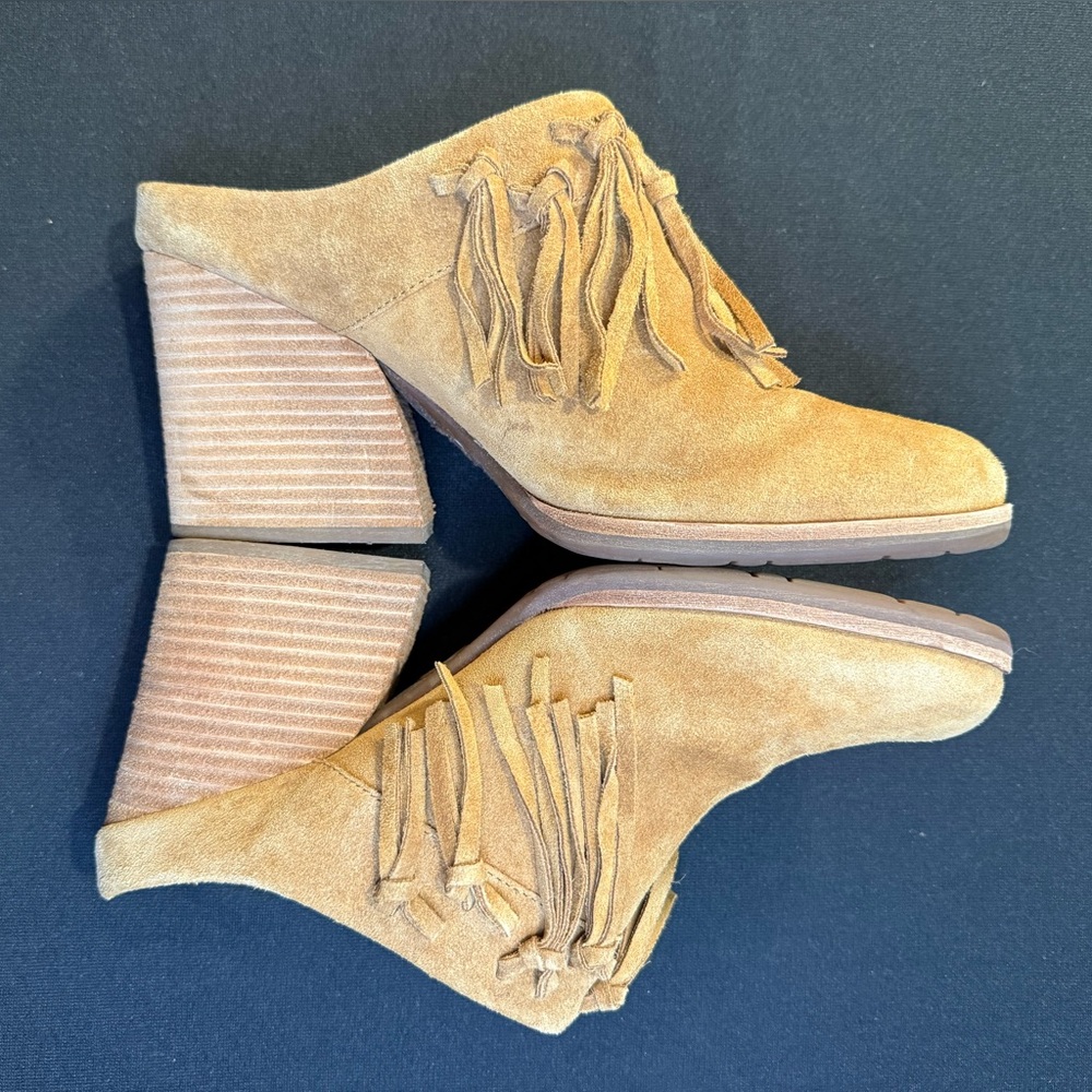 Kork-Ease Charley Tan Suede Leather Fringe Coastal Cowgirl Mule Clogs Size 11